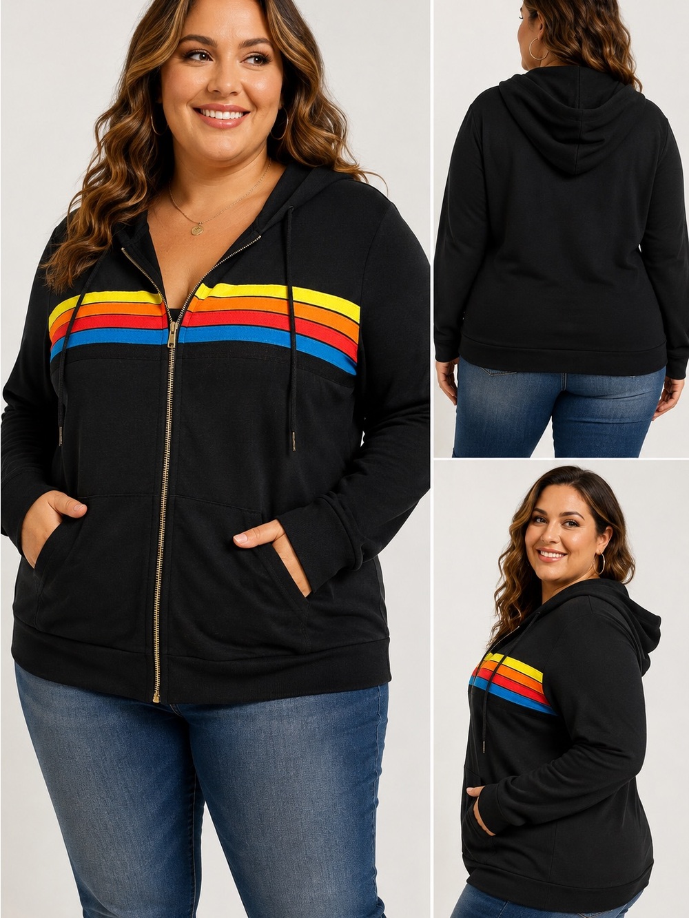 Rainbow Stripe Black Full Zip Hoodie 2XL Retro 70s Track Jacket